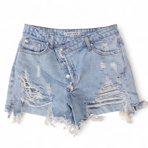 Signature Women's Distressed Denim Shorts - Light Blue - Picture 1 of 5